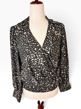 West Kei Black Cream Animal Print Surplice Wrap Blouse Medium